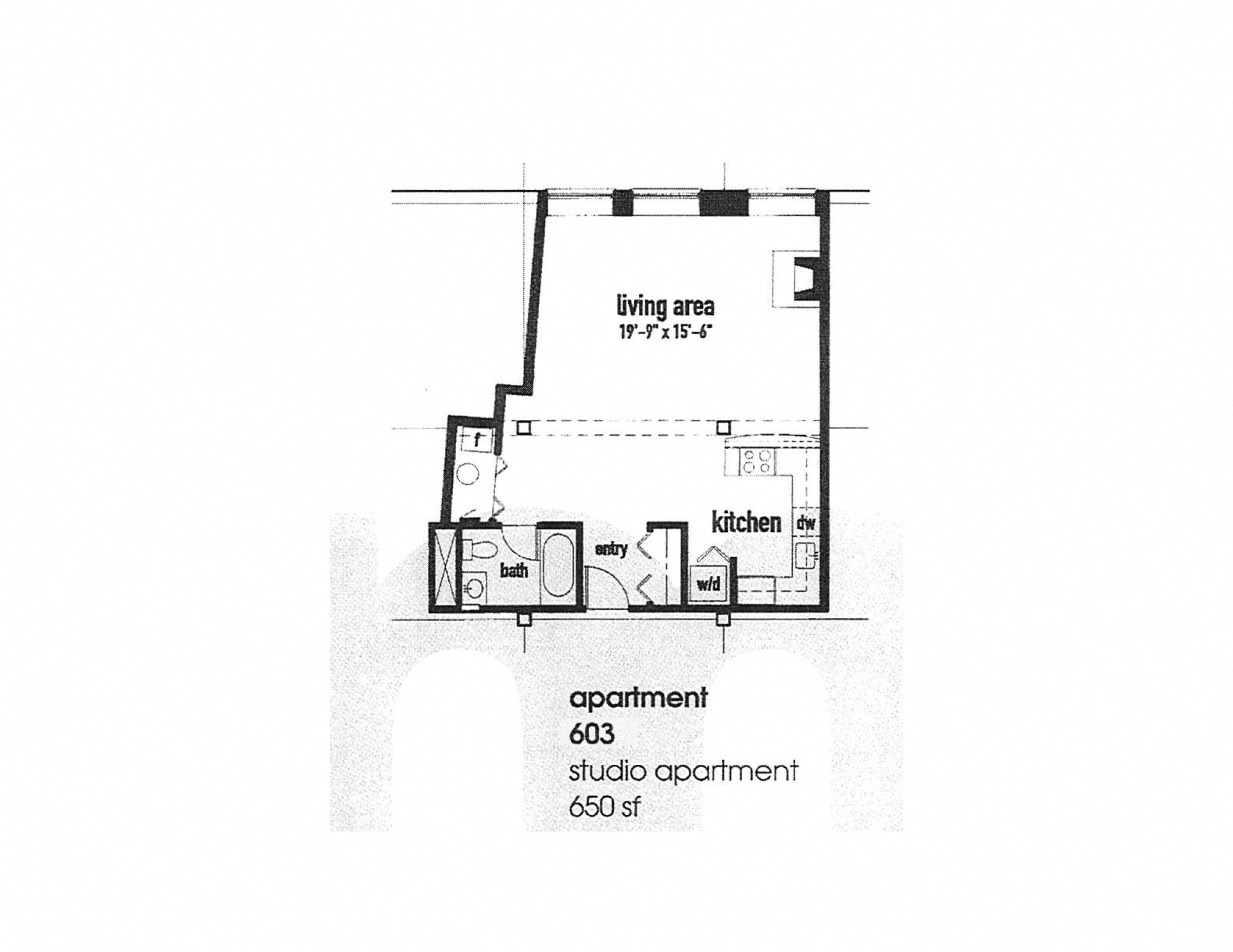 Floor plan for studio, 1 bath, 650 sqft